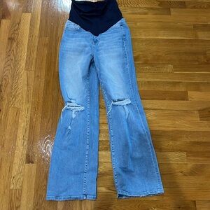 Pink blush wide leg distressed maternity jeans